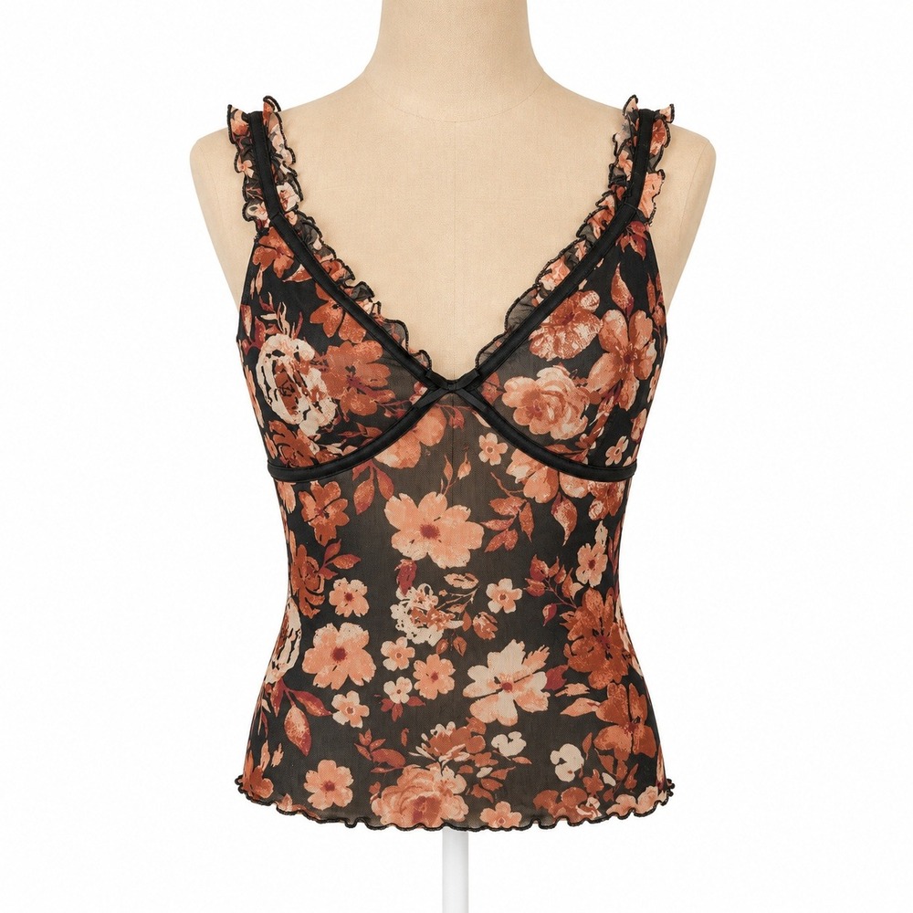 Vintage Y2K Floral Mesh Babydoll Tank Top Size M Pink Preppy Fairy Grunge Indie